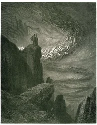 ダンテ・アリギエーリの『地獄篇』、『神曲』、ギュスターヴ・ドレ挿絵。1861年フランス語版。「ラ・ブフェラ・インフェルナル、ケ・マイ・ノン・レスタ / メナ・リ・スピリティ・コン・ラ・スア・ラピナ。（決して止むことのない地獄の暴風が、霊たちをその渦へと引き込む。）」