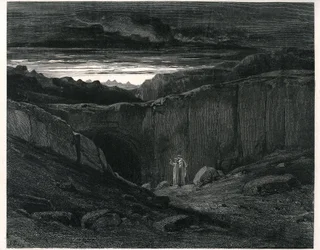 ギュスターヴ・ドーアが挿絵を描いたダンテ・アリギエーリの地獄（神曲）。1861年のフランス版。地獄の入り口でのダンテとバージル："Lasciate ogni speranza, voi che 