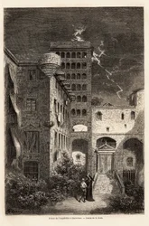 バルセロナの異端審問所、ギュスターヴ・ドーア（1832-1883）が1862年にC.ダヴィリエと行ったスペイン旅行の説明のために描いたもの。エドゥアール・シャルトン編『世界一周』に掲載されている図版