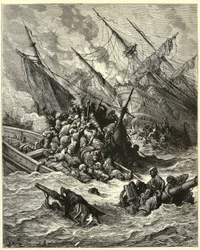 「レパントの海戦" 1571年、ギリシャ沖でスペイン、ヴェネツィア同盟とローマ教皇軍がオスマン帝国に仕掛けた海戦。ジョゼフ・フランソワ・ミショー著『十字軍の歴史』よりギュスターヴ・ドーレ（1832-1883）のエングレーヴィング。
