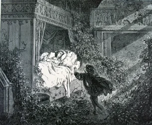 魔法の城で王子が王女の寝室に入る場面、シャルル・ペロー（1628-1703）『眠れる森の美女』の挿絵