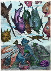 馬に乗った男爵が海底の魚を横切る。ルドルフ・エーリッヒ・ラスペ（1736～1794）作『ミュンヒハウゼン男爵の冒険』の一場面。19日終了。