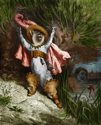 長靴を履いた猫が助けを求めます。シャルル・ペロー（1628-1703）の「物語」よりギュスターヴ・ドーア（1832-1883）の版画。