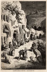 グラナダのサクロモンテにあるジプシーの洞窟（地下の家）。Gustave Dore (1832-1883)が1862年にCh.Davillierを伴ってスペインを訪れた際に描いたもの。エドゥアール・シャルトン編集の「世界旅行」に掲載されている図版