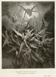天使たちの墜落 - ジョン・ミルトン（1608-1674）の『失楽園』の場面、ギュスターヴ・ドレ（1832-1883）による挿絵
