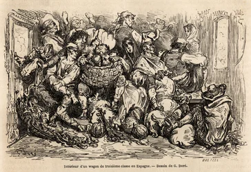 Gustave Dore（1832-1883）が1862年にC.Davillierと行ったスペイン旅行を描くために描いた、スペインの三等馬車の内部。エドワード・シャルトン編『世界一周』に掲載されている図版