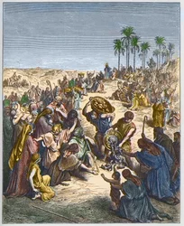 パンの増殖-キリストが大勢の人を養っている様子（Abundance Bread Christianity Crowd Engraving Fish） - Gustave Dore（1832-1883）の "The Bible illustree "のエングレーヴィング - "The Dore Bible "のエングレーヴィング