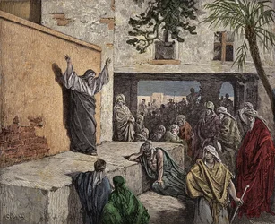 イスラエルの人々に悔い改めを促す預言者ミケー ギュスターヴ・ドーア（1832-1883）による「聖書」からのエングレーヴィング 1860年頃