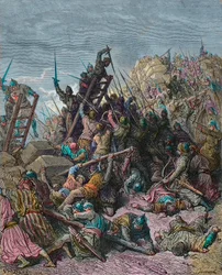 第3回十字軍におけるプトレマイオスの包囲 1189年-ギュスターヴ・ドーアによる刻印（ジョセフ・フランソワ・ミショー著「十字軍の歴史」より）- 1191年のサン・ジャン・ダクレ（イスラエル）の包囲。第3回十字軍では、鎧を着た兵士たちが要塞化された都市を取り囲んだ