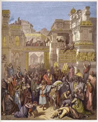 マードカイ（またはモルデカイ、モルデカイ）の勝利 - モルデカイの勝利 - - Gustave Dore（1832-1883）の "The Bible illustree "のエングレーヴィング - "The Dore Bible "のエングレーヴィング