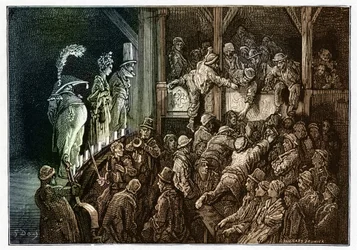 劇場：演劇上演中の観客。ギュスターヴ・ドーレ（1832-1883）が挿絵を描いた『ロンドン、巡礼の旅』のカラフルなエングレーヴィング。