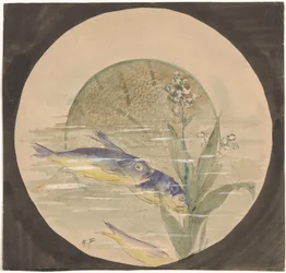 3 匹の青黄色の魚が水生植物の近くを上向きに泳いでいるプレートのデザイン