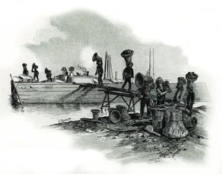 イヴリー＝シュル＝セーヌの鍛冶場で石炭を荷下ろしする人々、ギュスターヴ・フレポン（1849-1923）によるサン＝ジュイールに基づく素描