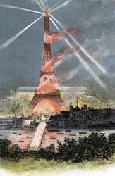 Torre Eiffel iluminada durante a feira mundial de Paris 1889 Desenho de Gustave Fraipont (1849-1923) baseado em “La seine a travers Paris” de Saint-Juirs