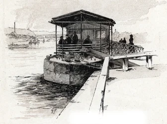 Embarcadere des Bateaux-mouches (Bateaux-mouches) sur la Seine, Paris (パリ、セーヌ川の観光船桟橋の眺め) Gustave Fraipont (1849-1923) のドローイングは Saint-Juirs の「La seine a travers Paris」からのドローイング」