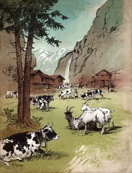 スイス アルプスの農場と風景、1910 年頃 (イラスト)