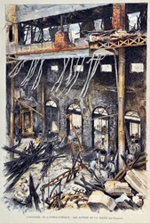 1887年5月25日、アンブロワーズ・トマの「ミニョン」第1幕の上演中にパリのオペラ・コミック（Opera-Comique）が火災に見舞われる。内部の廃墟。Gustave Fraipont（1849 -1923）のイラスト 1887年のEngraving in "Paris-Illustrous journal weekly".