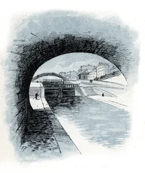 Les ecluses du canal saint Martin, paris (パリ、サン マルタン運河の閘門の眺め) ギュスターヴ フライポン (1849-1923) によるデッサンは、サン ジュワールの「La seine a travers Paris」からの抜粋です。