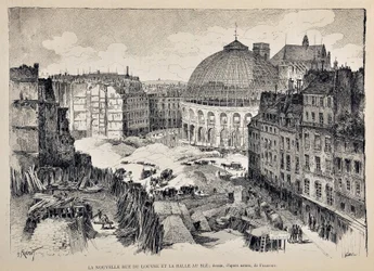 1887年、パリの新しいルーヴル通りとハレ・オ・ブレ。Gustave Fraipont (1849 - 1923)のイラスト。週刊パリ・イラスト・ジャーナル」に掲載された1887年の版画。