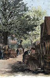Vista do novo armazém na Rue Laroche, Bercy, Paris Armazéns de vinho da rue Laroche em Bercy, Paris) Desenho de Gustave Fraipont (1849-1923) baseado em “La seine a travers Paris” de Saint-Jurs