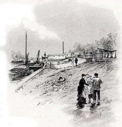 Vista das margens do rio Sena e quai Saint-Bernard, Paris Desenho de Gustave Fraipont (1849-1923) baseado em “La seine a travers Paris” de Saint-Juirs
