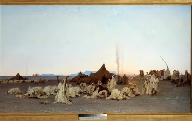 サハラ砂漠の夕べの祈り 詳細ギュスターヴ・アシール・ギヨメ（1840-1887）による絵画 1863 Sun.1,3x2,8 m. パリ、オルセー美術館 - サハラ砂漠の夕べの祈り。詳細ギヨメ（Gustave Achille Guillaumet）による絵画（1840-1887年