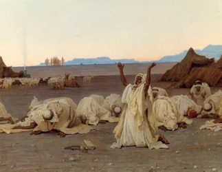 サハラ砂漠の夕べの祈り トゥアレグ族のキャンプの詳細。ギュスターヴ・アシール・ギヨメ（1840-1887）による絵画 1863年 日。1.3×2.8メートル パリ、オルセー美術館