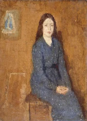 斑点のある青いドレスを着た座っている少女、1914年〜15年