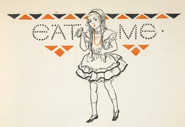 私を食べて」と書かれた小さなケーキを持ったアリスのイラスト。