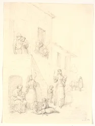イタリアの家の外の女性と子供