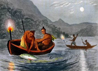 1813年、北アメリカでトーチライトで釣りをするネイティブアメリカン