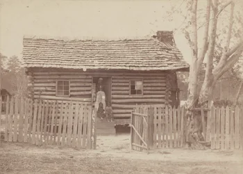 1880 年代、ジョージア州の丸太小屋の前にいる女性と 2 人の子供の卵白プリント。