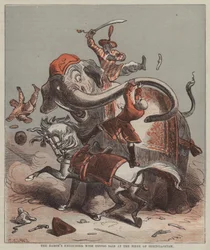 セリンガパタム攻防戦での男爵とティップー・サイブの出会い（カラーリトグラフ