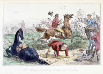 ハンターが馬から落ちる。トーマス・スコットやホーバック・グランジの冒険からの英語の漫画」、イラストはH.K.ブラウンとW.T.モード。