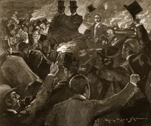 ダブリンのバルフォア氏: トーチ ライトの行列、「カッセルの図解されたイギリスの歴史」のイラスト (彫刻) (セピア写真)