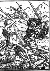 若き日のハンス・ホルベイン（1497-1543）の死の模倣：兵士。兵士は「死」と戦い、その足元には他の戦士の遺体が横たわっている。エングレーヴィングです。