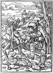 若き日のハンス・ホルベイン（1497-1543）の死のシミュラコン：盲人。死は盲人の杖をつかみ、ガイドの役割を果たす。エングレーヴィングです。