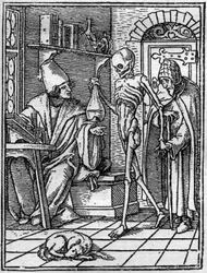 若き日のハンス・ホルベイン（1497-1543）の死のシミュラコン：医者。医者と患者の間に死が訪れる。エングレーヴィング。