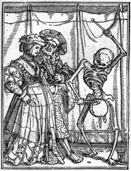 若き日のハンス・ホルベイン（1497-1543）の死のシミュラコン：夫たち。死は夫婦の前でドラムを演奏する。エングレーヴィング。
