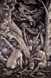 魔女たちの安息日、ドイツの画家、版画家、素描家ハンス・バルドゥング・グリーン（1484-1545年）による版画