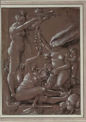 魔女たちの安息日」（ハンス・バルドゥングの後） par Graf, Urs (c. 1485-1527/28).ペン、ブラシ、インク、白、紙、サイズ：29,5x21,7