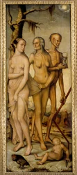 人生の諸段階：若い女性、老人、砂時計を持つ骸骨。1540年。寸法：1.51 x 0.61 m。マドリード、プラド美術館
