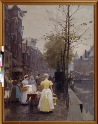 ""October Morning in the Streets of Amsterdam"" (アムステルダムの 10 月の朝) 使用人は通りで忙しい。 ハンス ヘルマン (1813-1890) の絵画 19 世紀の地域美術館、シンフェロポリ ウクライナ