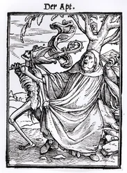ハンス・ラッツェルバーガーによって刻まれた「死のダンス」からの死とアボット、1538年頃
