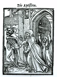 ハンス・ラッツェルバーガーが刻んだ「死のダンス」の死と修道院長、1538年頃