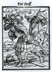 ハンス・ラッツェルバーガーによって刻まれた「死のダンス」からの死と伯爵、1538年頃