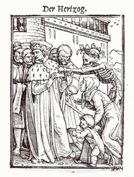 ハンス・ラッツェルバーガーによって刻まれた「死のダンス」の死と公爵、1538年頃