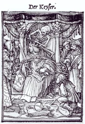 「死のダンス」からの死と皇帝、ハンス・ルツェルバーガーの彫刻、1538年頃