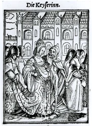 ハンス・ラッツェルバーガーによって刻まれた「死のダンス」からの死と皇后、1538年頃