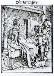 ハンス・ラッツェルバーガーによって刻まれた「死のダンス」からの死と女性、1538年頃